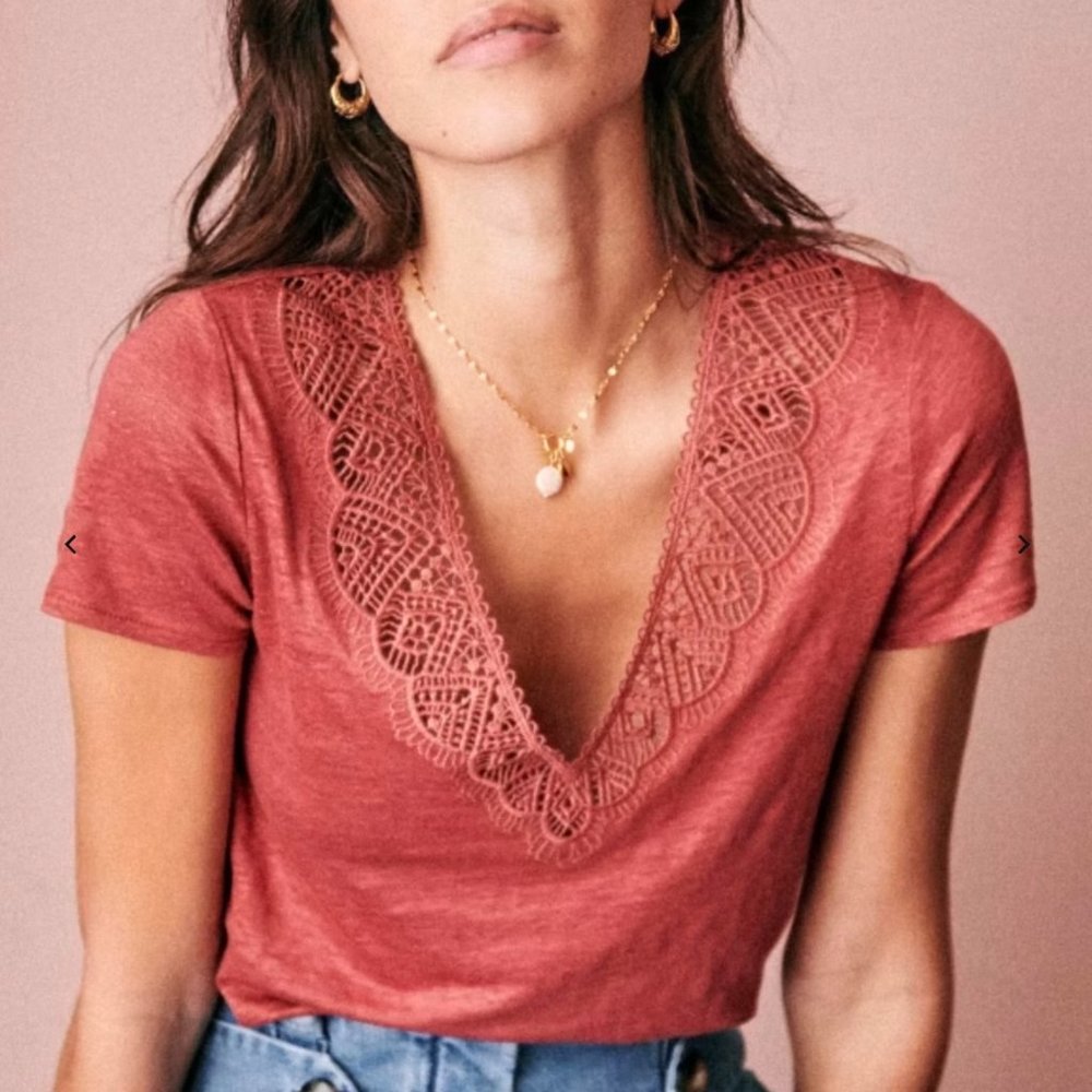 Sézane Éléa T-Shirt in Rosewood, 100% Linen, Size XS